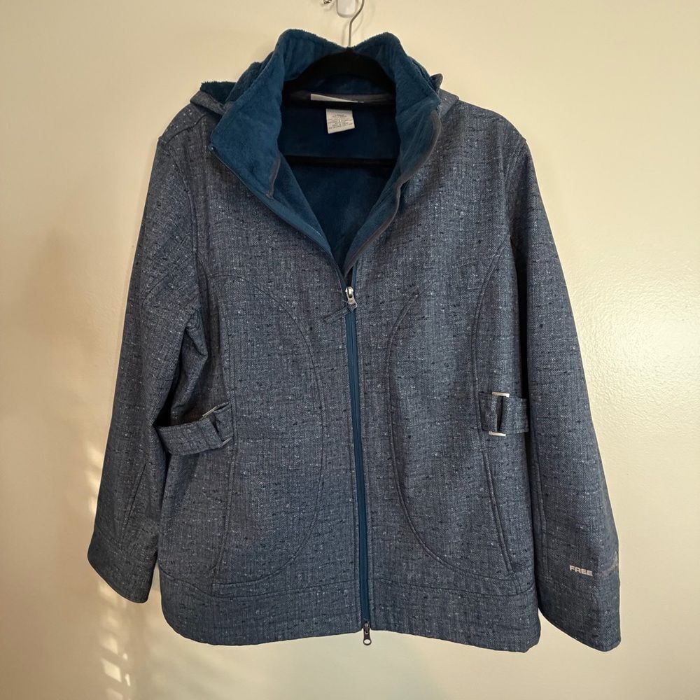 Free Country Coat Soft Shell Denim Look Sz XL Blue Faux Fur Detachable Hood